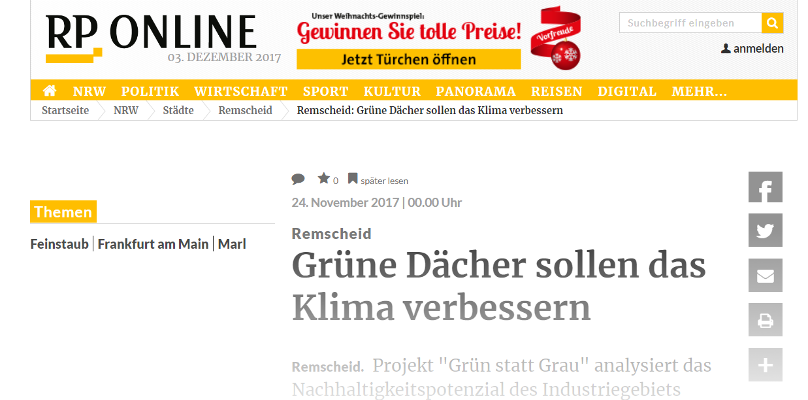 Die Rheinische Post berichtete am 24.11.2017 über das Projekt "Grün statt Grau". Der Link führt zur Seite des Artikels.
Das Bild zeigt einen Screenshot der Seite der rheinischen Post Online mit der Überschrift des Artikels.